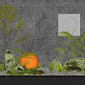 Serene Garden Decor With Stone Wall Glowing Sphere Green Plants Lanterns And Pebbles