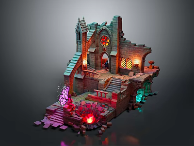 Fantasy Gothic Ruined Castle Scenery With Stained Glass Windows Stone Stairs And Glowing Plants 3d model