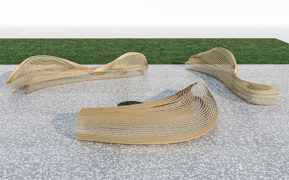 Outdoor Chairs with Woven Curved Design Placed on Grass and Stone Ground 3d model 