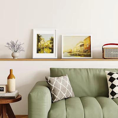 Stylish Photo Frames On Wall Shelf With Green Sofa Decorative Pillows And Lavender Vase 3d model