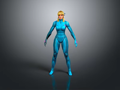 Futuristic Female Game And Movie Character With Blue Tight Combat Suit And Blonde Short Hair 3d model