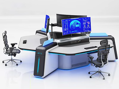 Advanced Control Console With Multiple Monitors Blue Interface And Ergonomic Chairs 3d model