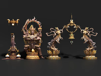 Traditional Deity Sculptures with Lotus Bases Ornamental Bells and Golden Accents 3d model