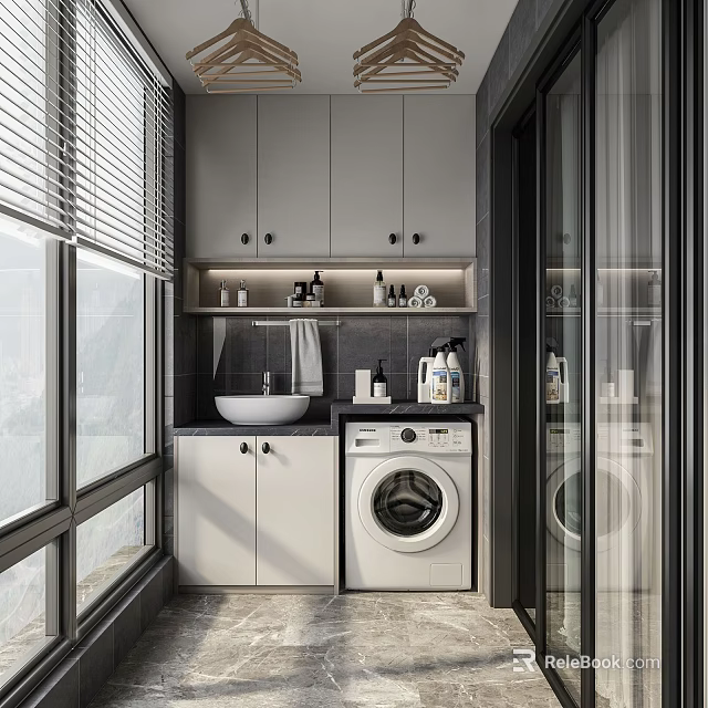 Modern Home Balcony with Gray Cabinets Sink Washing Machine Toiletries and Blinds 3d model 