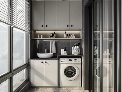 Modern Home Balcony with Gray Cabinets Sink Washing Machine Toiletries and Blinds 3d model