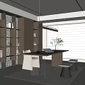 Modern Study Room With Wooden Bookshelves Decorative Items Long Desk Chairs And Window Blinds