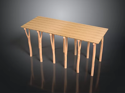 Wooden Long Table With Slender Wooden Legs And Wood Grain Surface 3d model