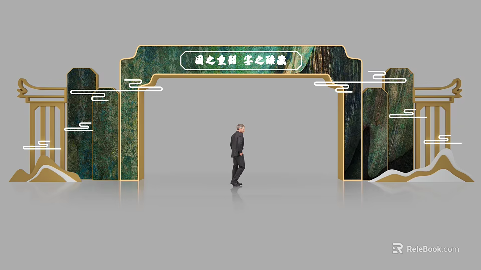 Traditional Chinese Decorative Archway With Green Panel Golden Frame Cloud Patterns And Man Standing 3d model 