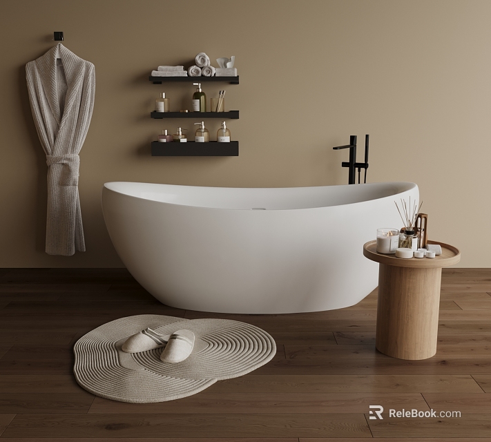 Stylish Bathtub in Bathroom with Hanging Robe Wall Shelves Wooden Floor Bath Mat and Slippers 3d model 