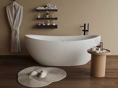 Stylish Bathtub in Bathroom with Hanging Robe Wall Shelves Wooden Floor Bath Mat and Slippers 3d model