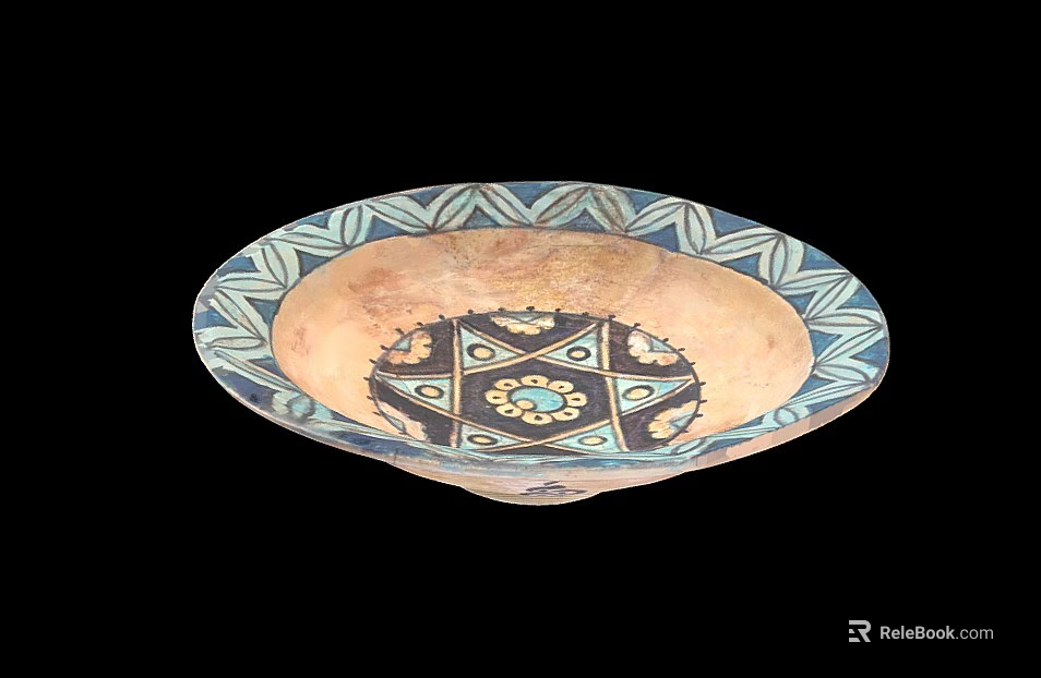Handcrafted Ceramic Bowl With Blue White Geometric Patterns And Colorful Central Design 3d model 