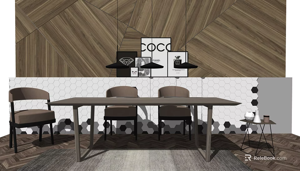 Modern Dining Table Set With Wooden Geometric Wall White Hexagon Tiles Pendant Lights And Chairs 3d model 