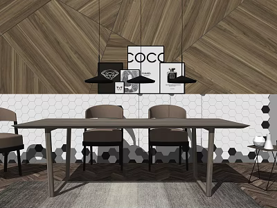 Modern Dining Table Set With Wooden Geometric Wall White Hexagon Tiles Pendant Lights And Chairs 3d model