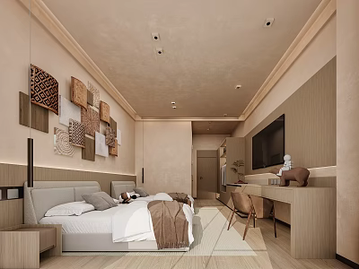 Modern Hotel Room Interior Design With Bed Decorative Wall Art TV And Work Desk 3d model
