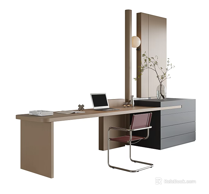 Modern Home Office Desk Setup With Laptop Chair Cabinet Decorative Plant And Pendant Lamp 3d model 
