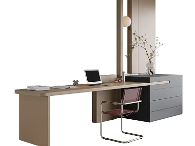 Modern Home Office Desk Setup With Laptop Chair Cabinet Decorative Plant And Pendant Lamp 3d model