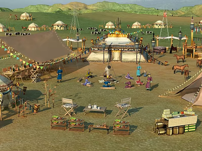 Traditional Grassland Garden Landscape Featuring Yurts Tents Market Stalls and Green Hills 3d model