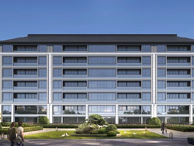 Modern Multi Story Building Exterior With Blue Sky Large Glass Windows Green Belt And Pedestrians 3d model