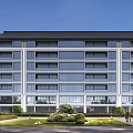 Modern Multi Story Building Exterior With Blue Sky Large Glass Windows Green Belt And Pedestrians