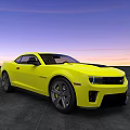 Yellow Sports Car With Sleek Design Against Sunset Sky On Open Ground