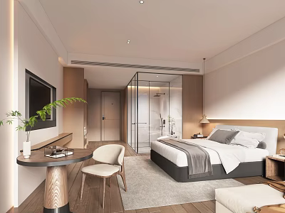 Modern Hotel Room Interior With Comfortable Bed TV Table Chair And Glass Bathroom 3d model