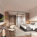 Modern Hotel Room Interior With Comfortable Bed TV Table Chair And Glass Bathroom
