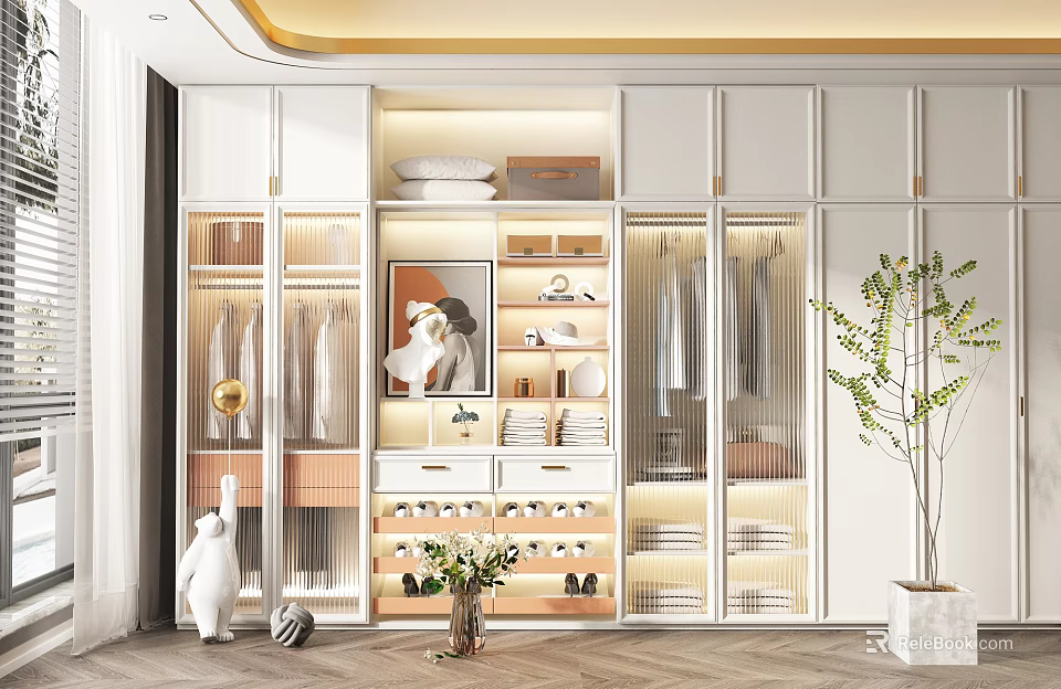 Modern Elegant White Wardrobe With Glass Doors Internal Storage Hanging Space Drawers And Decorative Plants 3d model 