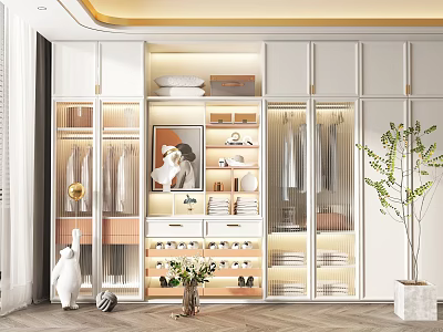Modern Elegant White Wardrobe With Glass Doors Internal Storage Hanging Space Drawers And Decorative Plants 3d model