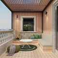 Serene Roof Garden Featuring Wooden Deck Bench Green Cushions Round Table And City View