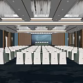 Elegant Conference Room With Arranged White Chairs Large Screen And Chandeliers On Ceiling