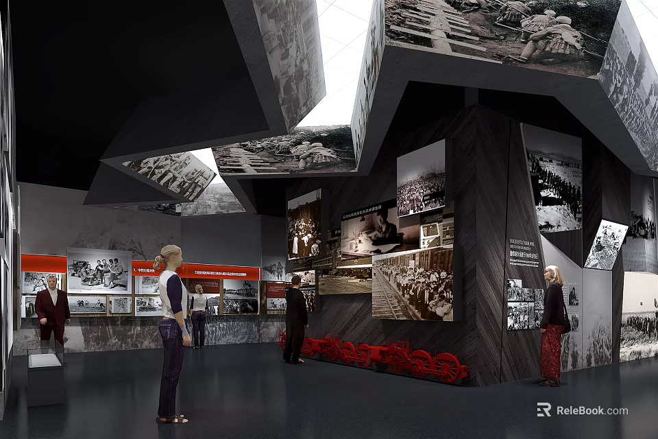 Historical Exhibition Hall Interior With Black White Photos Figure Models And Red Decorations 3d model 