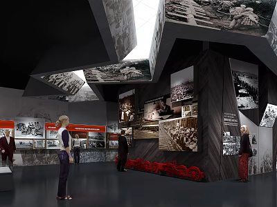 Historical Exhibition Hall Interior With Black White Photos Figure Models And Red Decorations 3d model