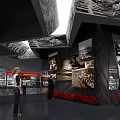 Historical Exhibition Hall Interior With Black White Photos Figure Models And Red Decorations