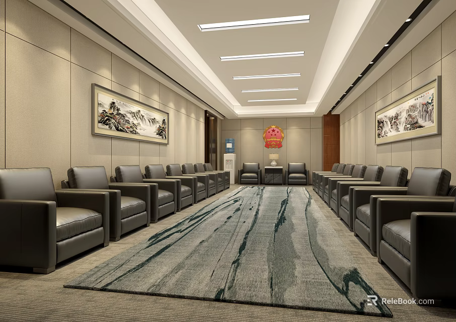 Elegant Spacious Reception Hall Featuring Black Leather Seats Large Carpet Wall Paintings And Red Emblem 3d model 