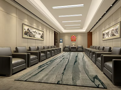 Elegant Spacious Reception Hall Featuring Black Leather Seats Large Carpet Wall Paintings And Red Emblem 3d model