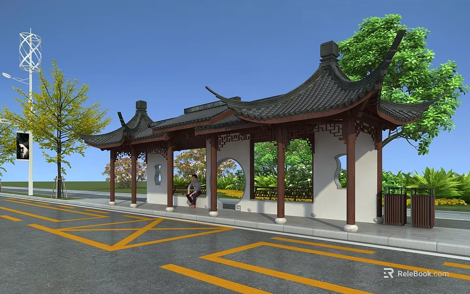 Traditional Chinese Style Bus Station with Pavilion Roof Arched Doors and Green Trees 3d model 