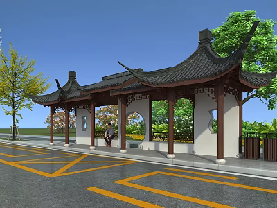 Traditional Chinese Style Bus Station with Pavilion Roof Arched Doors and Green Trees 3d model
