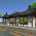 Traditional Chinese Style Bus Station with Pavilion Roof Arched Doors and Green Trees