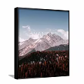 Scenic Mountain Landscape with Snowy Peaks Red Forest and White Clouds in Blue Sky