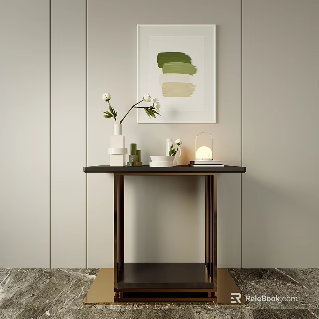 Elegant Console Table Styling With White Vase Green Artwork And Table Lamp 3d model