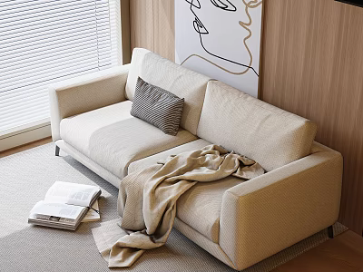 Beige Two Seater Sofa With Gray Cushion Blanket Near Window And Wall Art On Rug 3d model