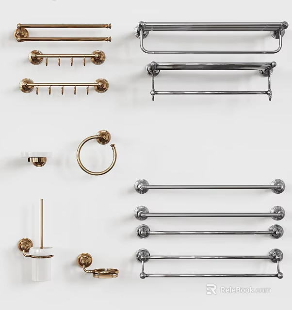 Brass And Chrome Bathroom Hardware With Towel Bars Rings And Hooks 3d model 