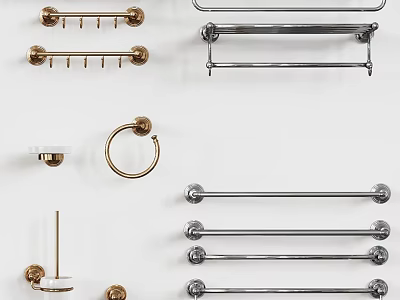 Brass And Chrome Bathroom Hardware With Towel Bars Rings And Hooks 3d model