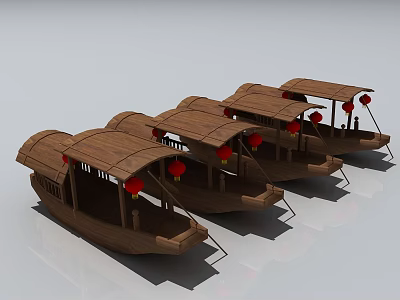 Traditional Wooden Boats With Canopies And Hanging Lanterns In A Row 3d model