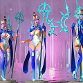 Game Movie Characters In Gorgeous Outfits Holding Staffs With Glowing Ornaments And City Night Backdrop