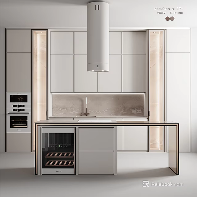 Modern Minimalist Kitchen Interior With White Cabinets Island Counter Marble Backsplash And Built In Ovens 3d model 