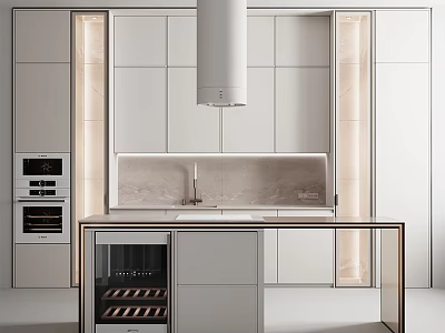 Modern Minimalist Kitchen Interior With White Cabinets Island Counter Marble Backsplash And Built In Ovens 3d model