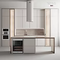 Modern Minimalist Kitchen Interior With White Cabinets Island Counter Marble Backsplash And Built In Ovens