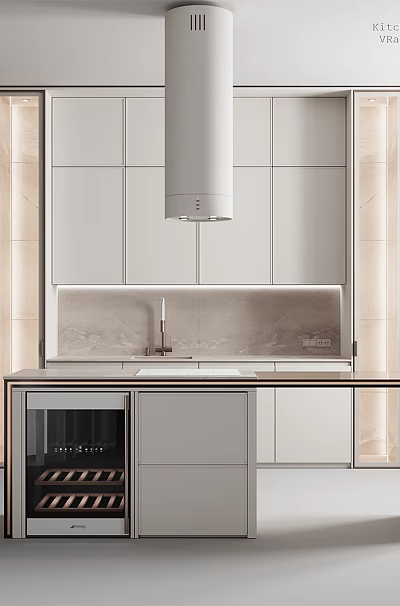 Modern Minimalist Kitchen Interior With White Cabinets Island Counter Marble Backsplash And Built In Ovens 3d model