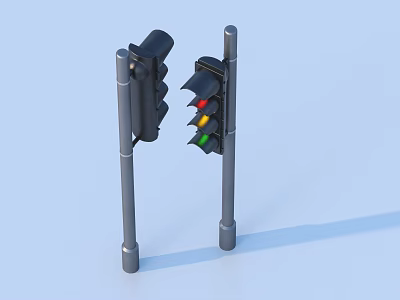 Two Traffic Lights Including Black And Red Yellow Green Lit Ones On Light Blue Background 3d model